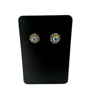 Vintage Rhinestone Stud Earrings Gold Tone Round Shape Multi-Color Crystals